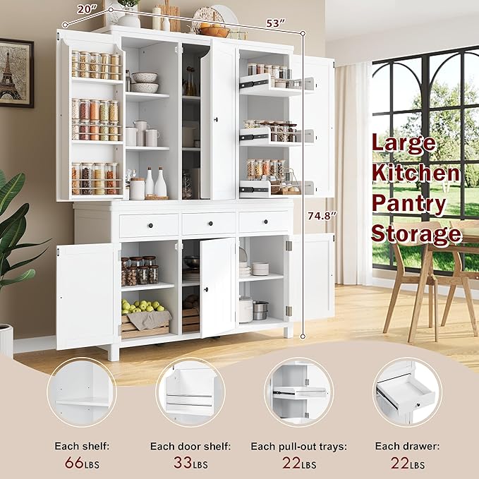 74.8''H High Freestanding Kitchen Pantry, Wooden Kitchen Organizers Cupboard - Image 5