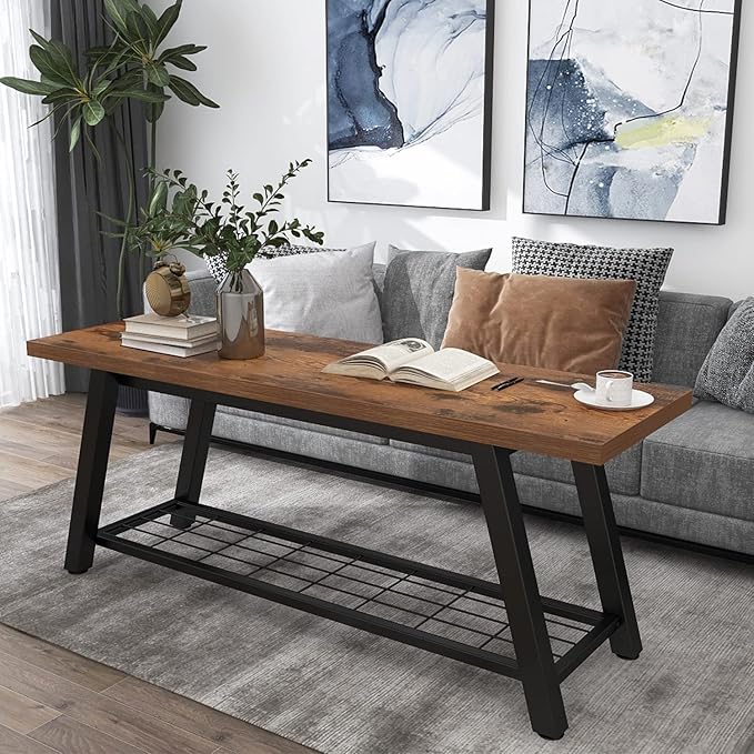Oastreeful Storage Bench Industrial Rustic Wooden and Metal Entryway Shoe Boots - Image 4