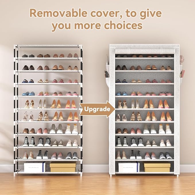 ROJASOP 10 Tier Shoe Rack with Covers Large Capacity Stackable Tall Shoe Shelf - Image 5