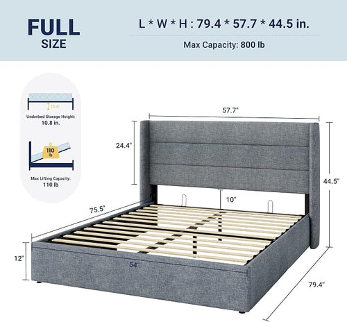 Allewie Full Size Lift Up Storage Bed, Modern Wingback Headboard, Hydraulic - Image 2