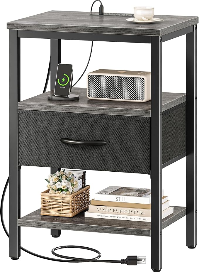 SUPERJARE Nightstand with Charging Station, Bed Side Table with Adjustable by SUPERJARE
