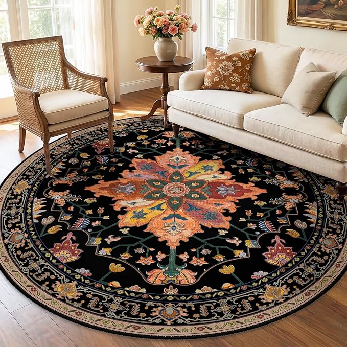 RELEANY Area Rugs Round 7ft Washable Non-Slip, Floral Vintage Distress Print - Image 2