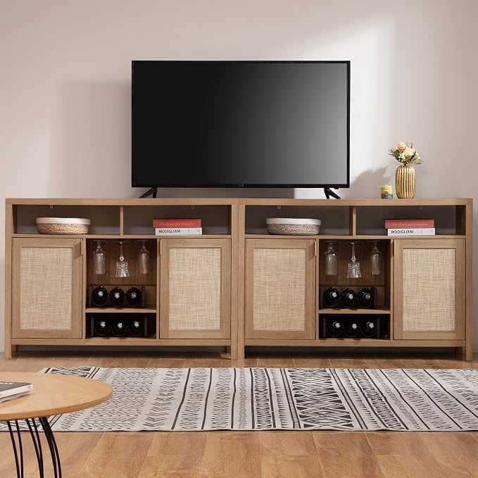 SICOTAS Rattan Coffee Bar Cabinet, Boho Liquor Wine Cabinet Set of 2 Credenza - Image 2