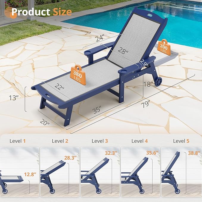LUE BONA Chaise Lounge Chair Outdoor Set of 2, HDPS and HDPE Wicker Material - Image 2