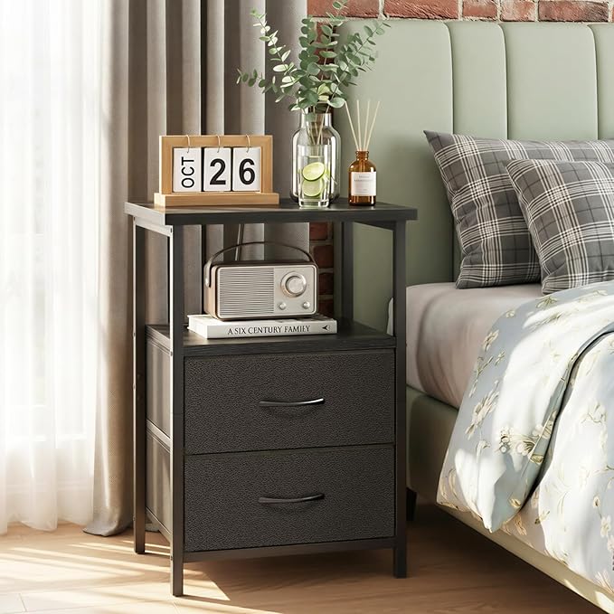 Fixwal Black Night Stand with Charger Station, Nightstand with Charging Station - Image 2
