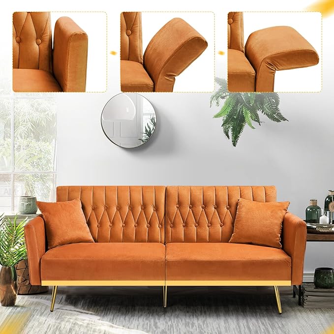70” Velvet Futon Sofa Bed w/Adjustable Armrests & 2 Pillows, Convertible Futon - Image 5
