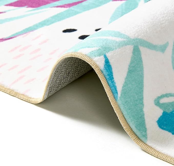 RoomTalks Tropical Leaves Washable Rug, Colorful Pink Blue Boho Cute Floral - Image 6