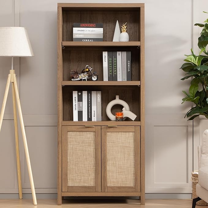 SICOTAS Bookcase 71" Tall Bookshelf 5 Tier Rattan Boho Bookcase by SICOTAS