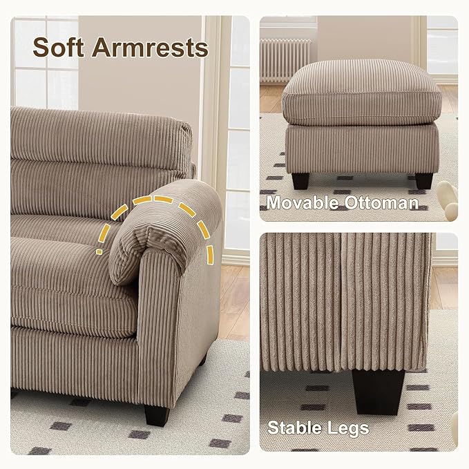 HAOMARKETS Corduroy 3-piece Sofa Set, Upholstered Ottoman, Loveseat 2-Seater - Image 4