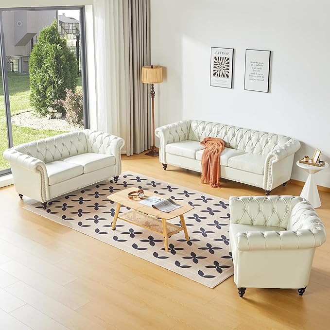 ORRD 3 Piece Living Room Set, Chesterfield Faux Leather Sofa Loveseat Couch - Image 9