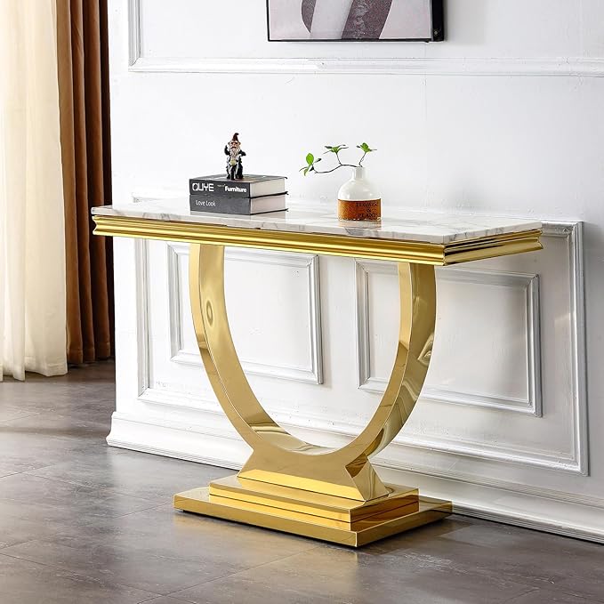 Henf 47" Marble Console Table Modern White Faux Marble Entryway Table by Henf