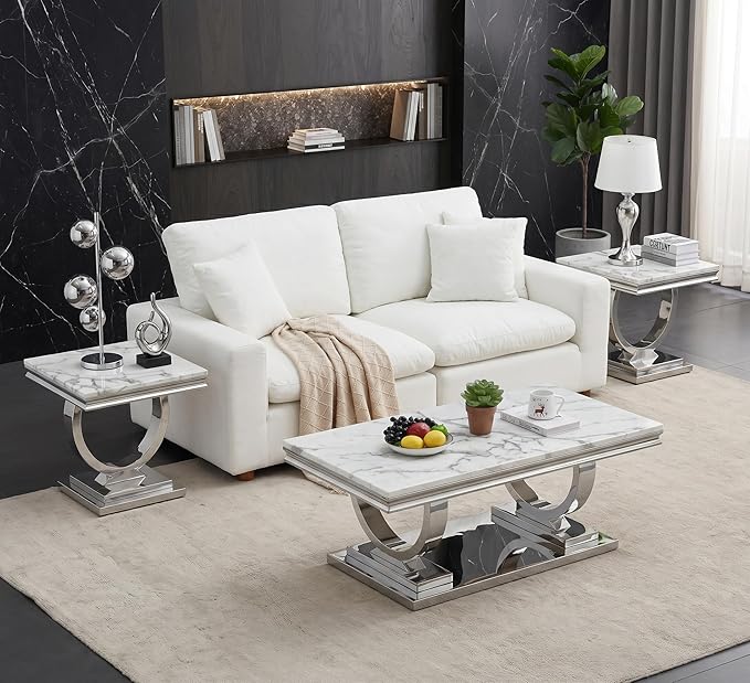 Henf 47" Marble Coffee Table Modern White Faux Marble Center Table - Image 5