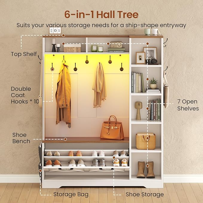 Itaar Hall Tree with Bench and Shoe Storage, Farmhouse Entryway Bench with Coat - Image 3