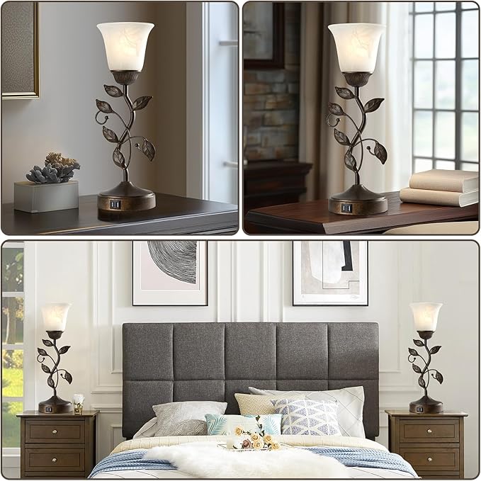 Set of 2 Touch Farmhouse Bedroom Table Lamps, Nightstand Vintage Flower Lamps - Image 4