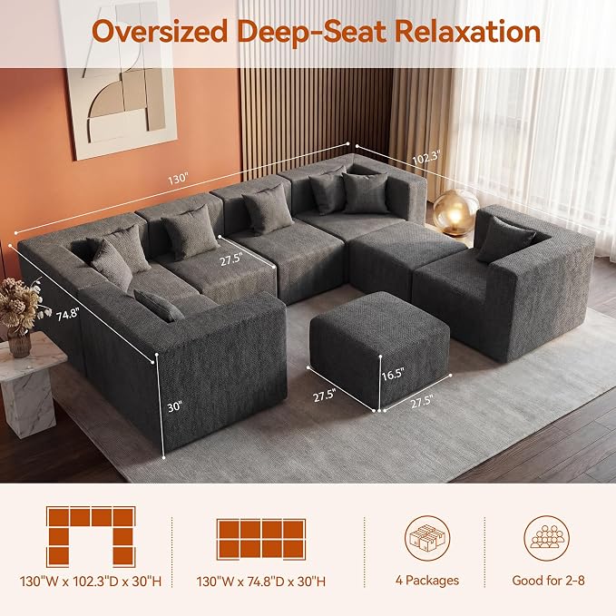 MONVANE Modular Sectional Sofa, Oversized 8 Seat Convertible U Shaped Couch - Image 3