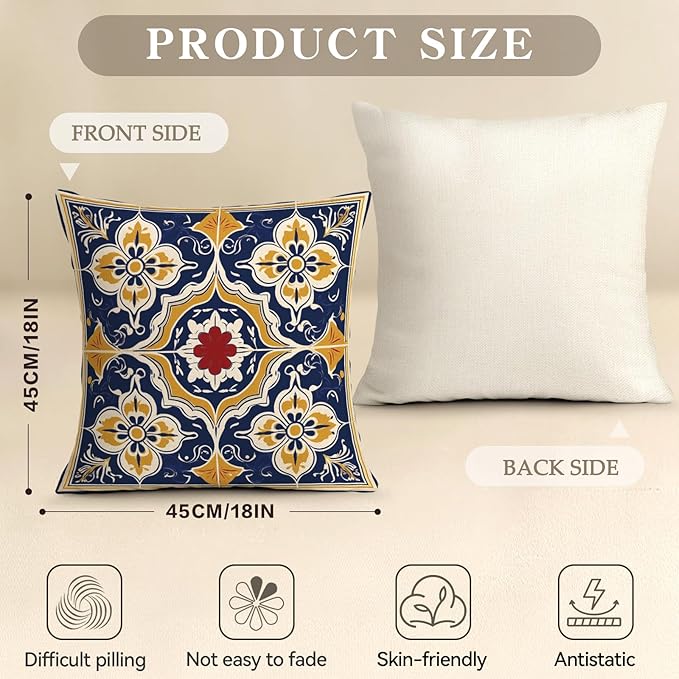 OBSEDE Throw Pillow Covers Set of 4, 18x18 Inch Blue and Yellow Mediterranean - Image 3