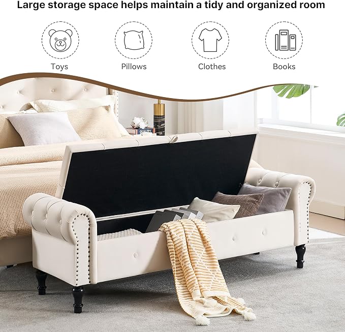 Storage Bench for Bedroom, Velvet 67" End of Bed Bench, King Size Bench - Image 5