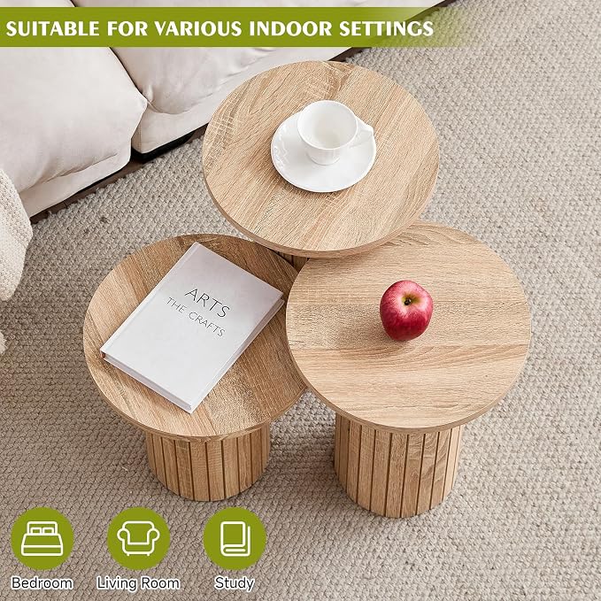 Round Side Tables Set of 3, Circle Modern Fluted Nesting Coffee Table, Accent - Image 4