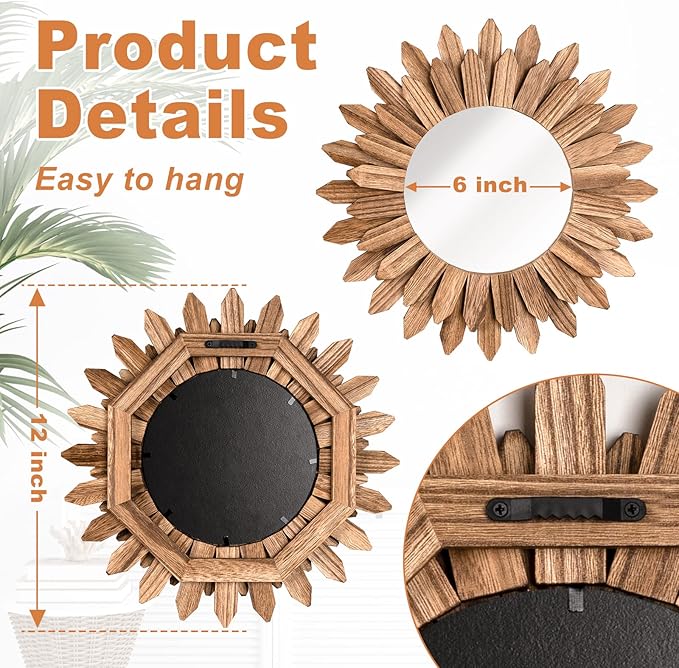 Emfogo Wall Mirror 12 inch Rustic Wood Sunburst Boho Mirror Wall Decor Home - Image 4