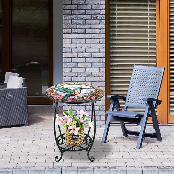 Cinnvoice Outdoor Side Table Round Small Mosaic Patio Accent Indoor End Plant - Image 6