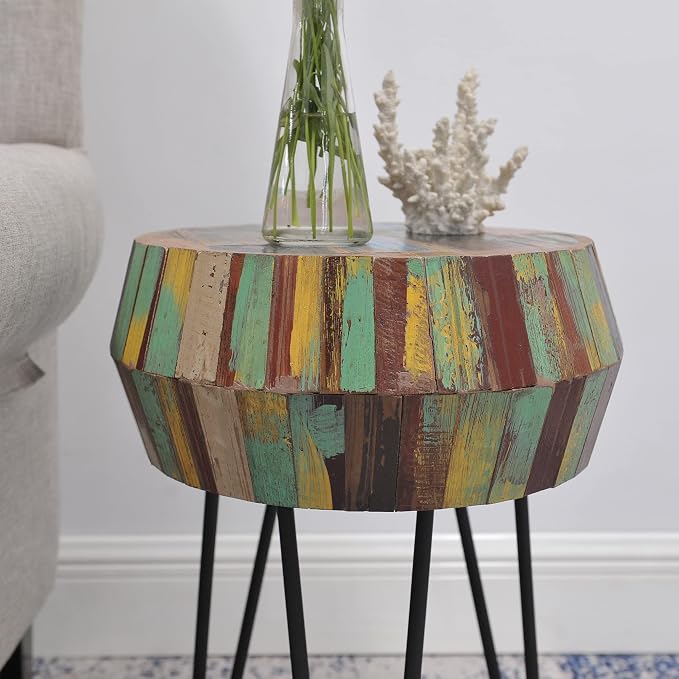 Drum Round Wood Side Table 16" x 16" x 21" H Reclaimed Rustic Multicolor Patio - Image 10