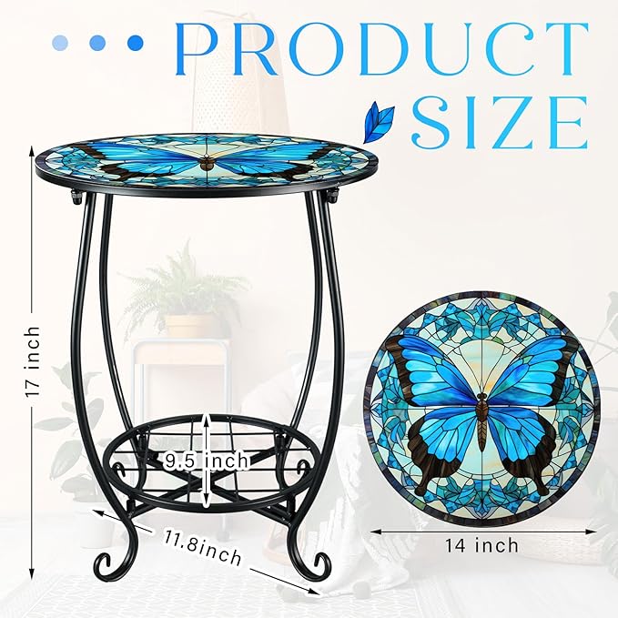 Cinnvoice Outdoor Side Table Round Small Mosaic Patio Accent Indoor End Plant - Image 3