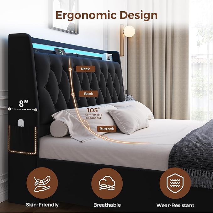 Full LED Velvet Bed Frame with 2 Storage Drawers&Hidden Headboard, Upholstered - Image 6