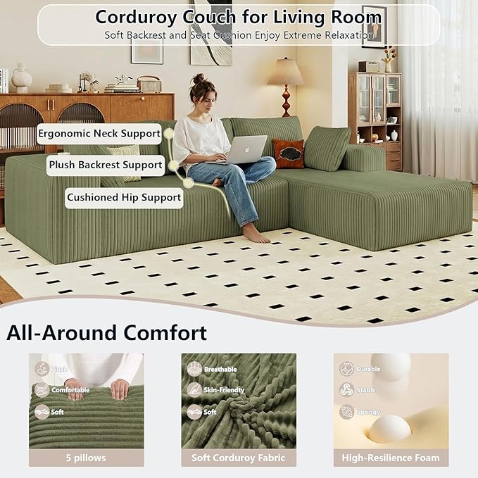 95" Cloud Sectional Couch with L-Shape Chaise, Modular Comfy Sofa Chaise Longue - Image 3