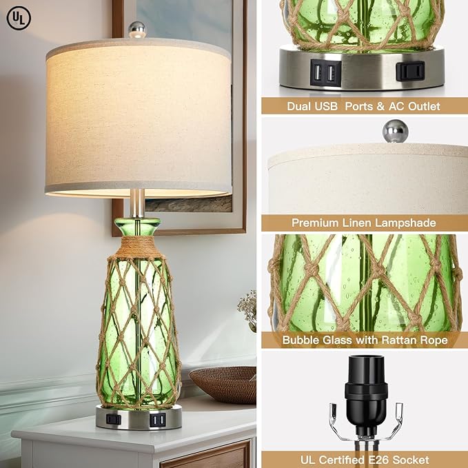 Ruzectt 25.5" Green Glass Table Lamps Set of 2, 3-Way Dimmable Touch Control - Image 7