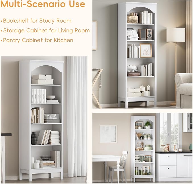 Arched Bookshelf with 5 Tier Open Shelves, Study and Living Room, Modern White - Image 6