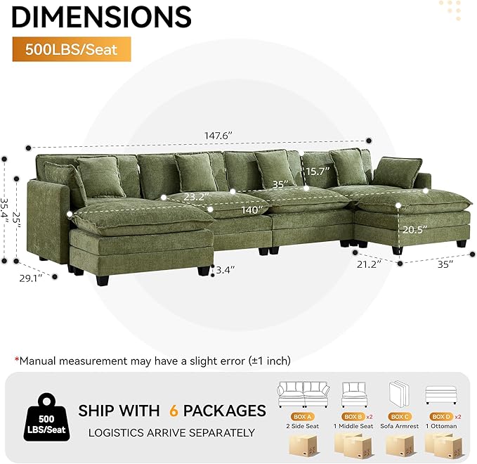 147'' Sectional Cloud Deep Seat Couch, Oversized Chenille U Shaped Sectional - Image 2