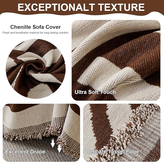 VClife Boho Couch Cover, Reversible Brown Geometric Checkered Sofa Cover - Image 3