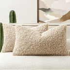 Faux Fur Throw Pillow Covers 20x12 Inch Set of 2 Boucle Neutral Decorative by Woaboy