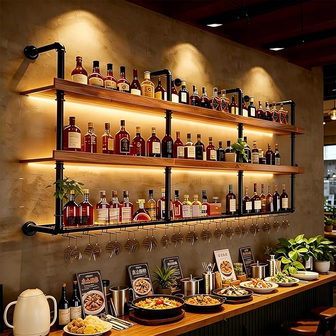 Wall Mounted Wine Rack with LED Lights, 3-Tier Industrial Wood Floating Shelves - Image 8