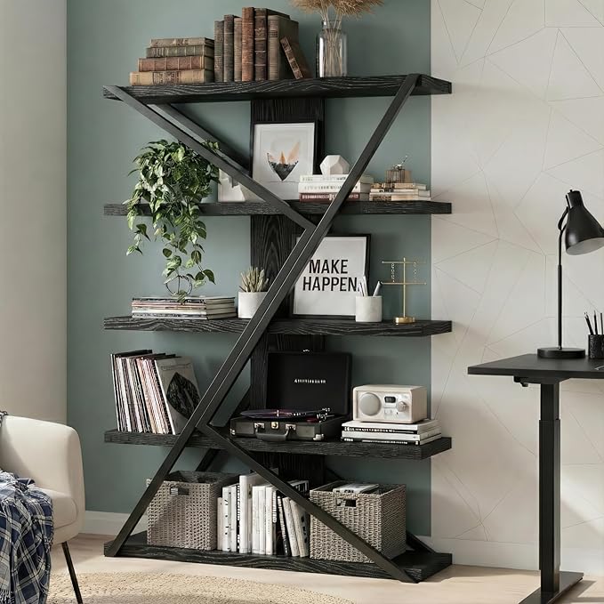 FUSUNBAO Industrial Bookshelf, Vintage 5-Tier Tall Bookcase by FUSUNBAO