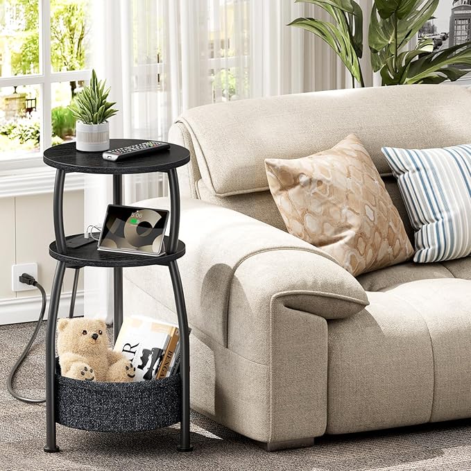 Round Side Table with Power Outlets, Small Coffee Table with S Basket, Space - Image 5