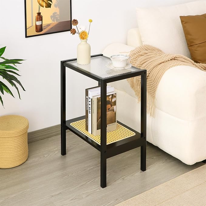 2-Tier Bamboo Side Table, Modern Glasstop Rattan Side Table, Mid Century Wood - Image 8