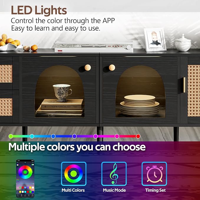 Merax Rattan TV Stand with LED Lights, Solid Wood Feet, Living Room, Bedroom - Image 5
