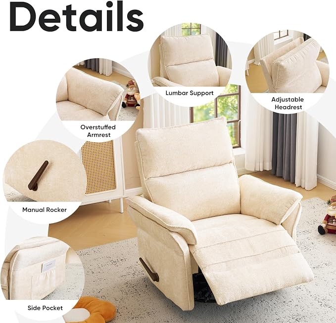 Rocking Chair Nursery with Adjustable Headrest, Manual Swivel Rocker Recliner - Image 7