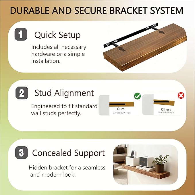 Solid Wood Floating Shelves, 40in Finished Real Wood Wall Shelves - Image 6