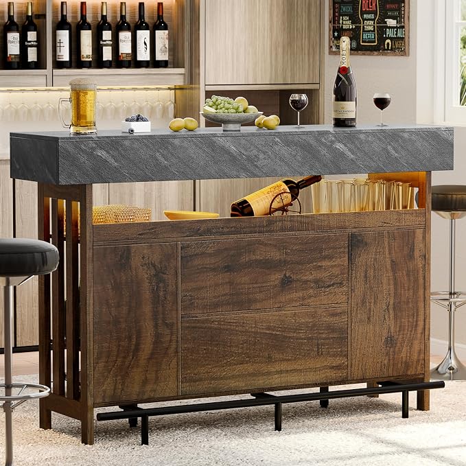 Loomie Bar Table Cabinet with Grey Marble Top & LED Lights & 2 Drawers - Image 8