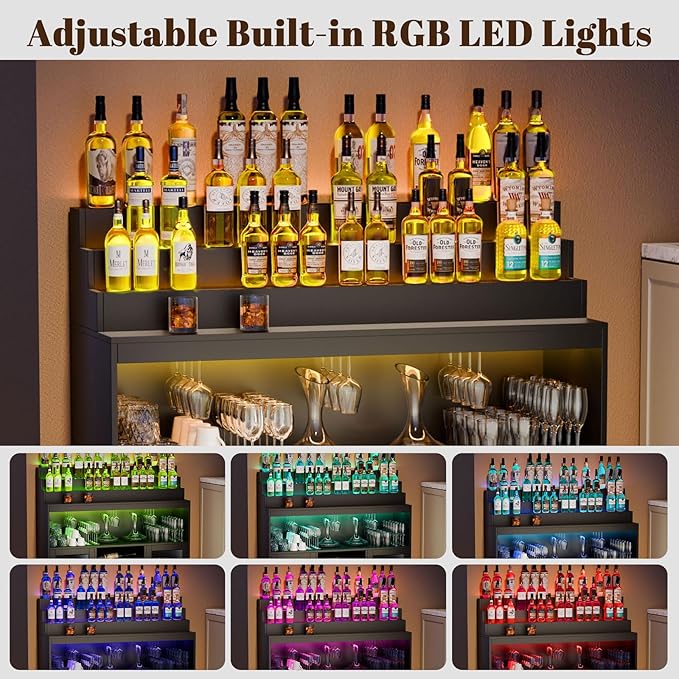 Loomie Wine Bar Cabinet with LED Lighted Liquor Bottle Display Shelf, Liquor - Image 6