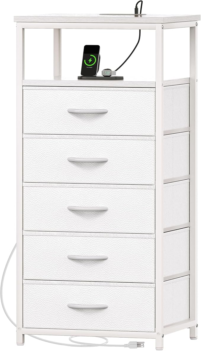 Huuger White Dresser with 5 Drawers & Charging Station, Tall Dresser by Huuger