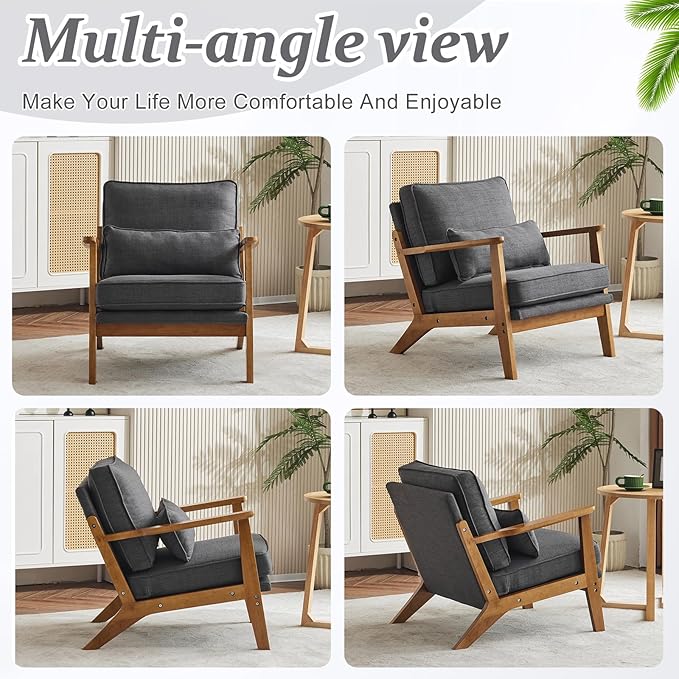 VINGLI Solid Wood Wide Armrests Accent Chair, Upholstered Mid Century Modern - Image 8