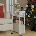 Leomonio White Side Table with Charging Station, Slim End Tables with Linen - Image 4