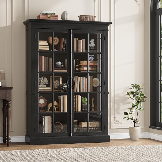 QUW Modern 65" Tall Display Cabinet, Farmhouse Curio Cabinets - Image 4