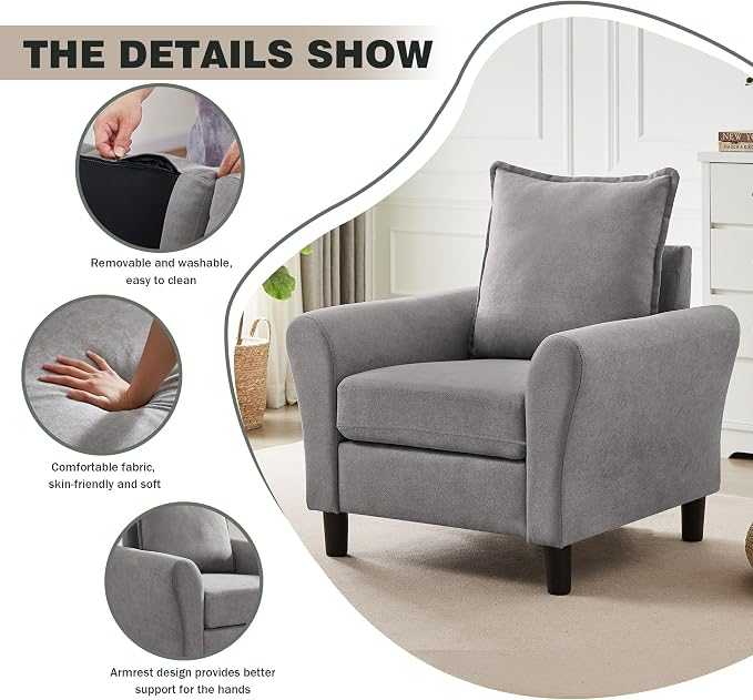 Mid-Century Accent Chairs Set of 2, Modern Linen Fabric Armchair - Image 5