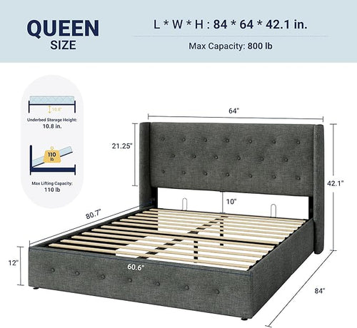 Allewie Queen Size Lift Up Storage Bed, Button Tufted Headboard - Image 2