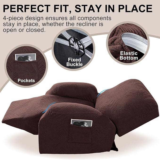 Oversized Recliner Chair Covers, 4-Piece Stretch Geometric Strokes Jacquard - Image 4