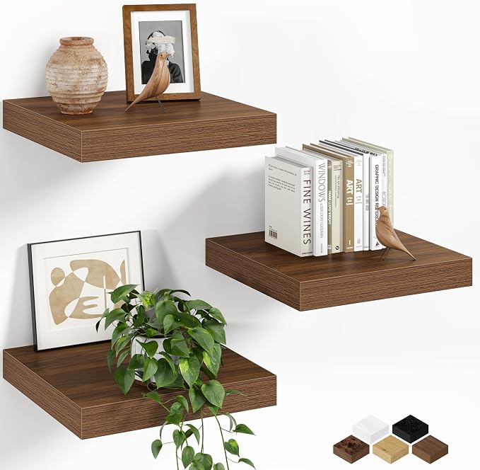 Fun Memories Floating Shelves for Wall, 12 Inch Set of 3 Rustic Wood Wall by FunMemories